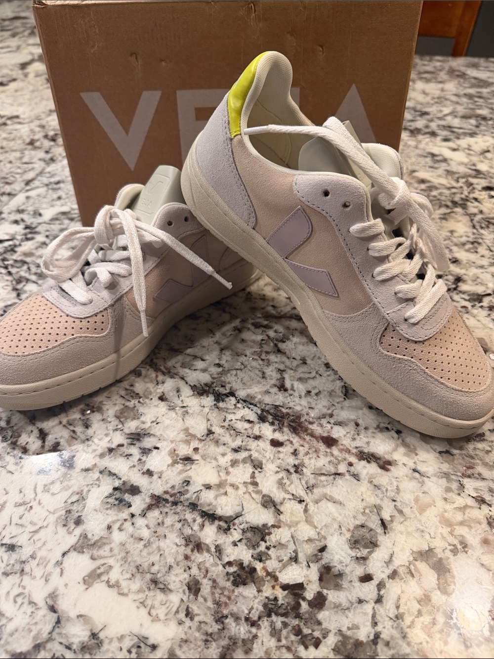 Veja Women’s Low-Top Suede & Leather Sneakers — Pale Pink with Yellow Heel Tab